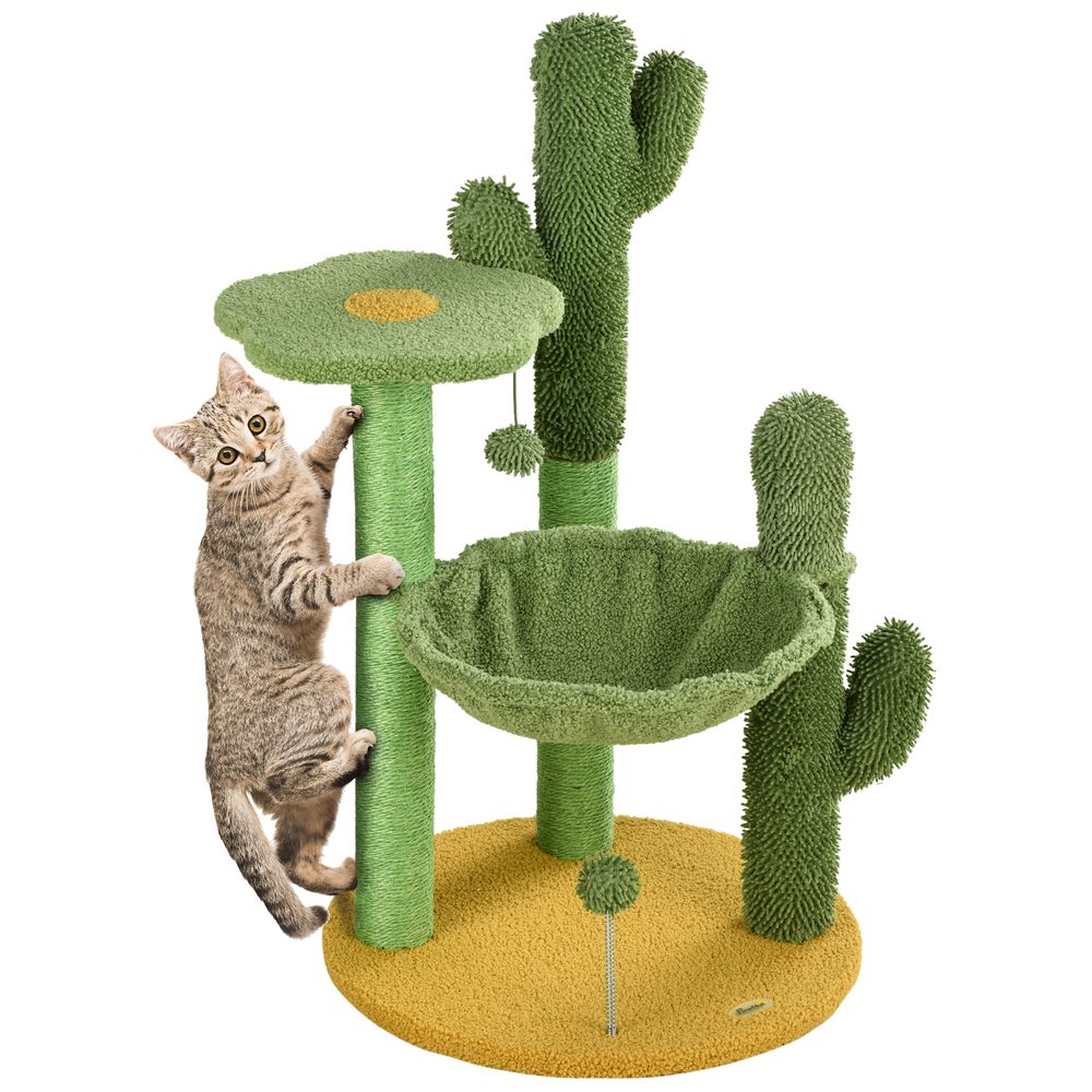 PawHut Cat cactus tree for indoor cats, modern tower with hammock - Green