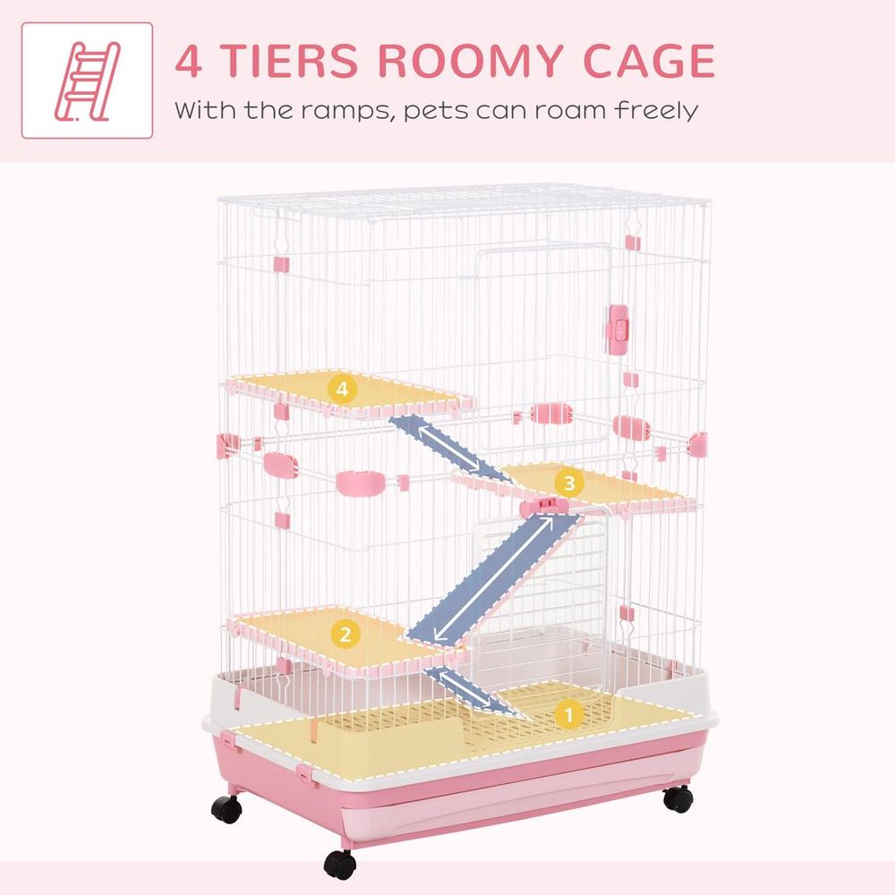 PawHut  pink four-level hamster, small animal cage, indoor pet house - Pink, 81 x 52.5 x 114 cm