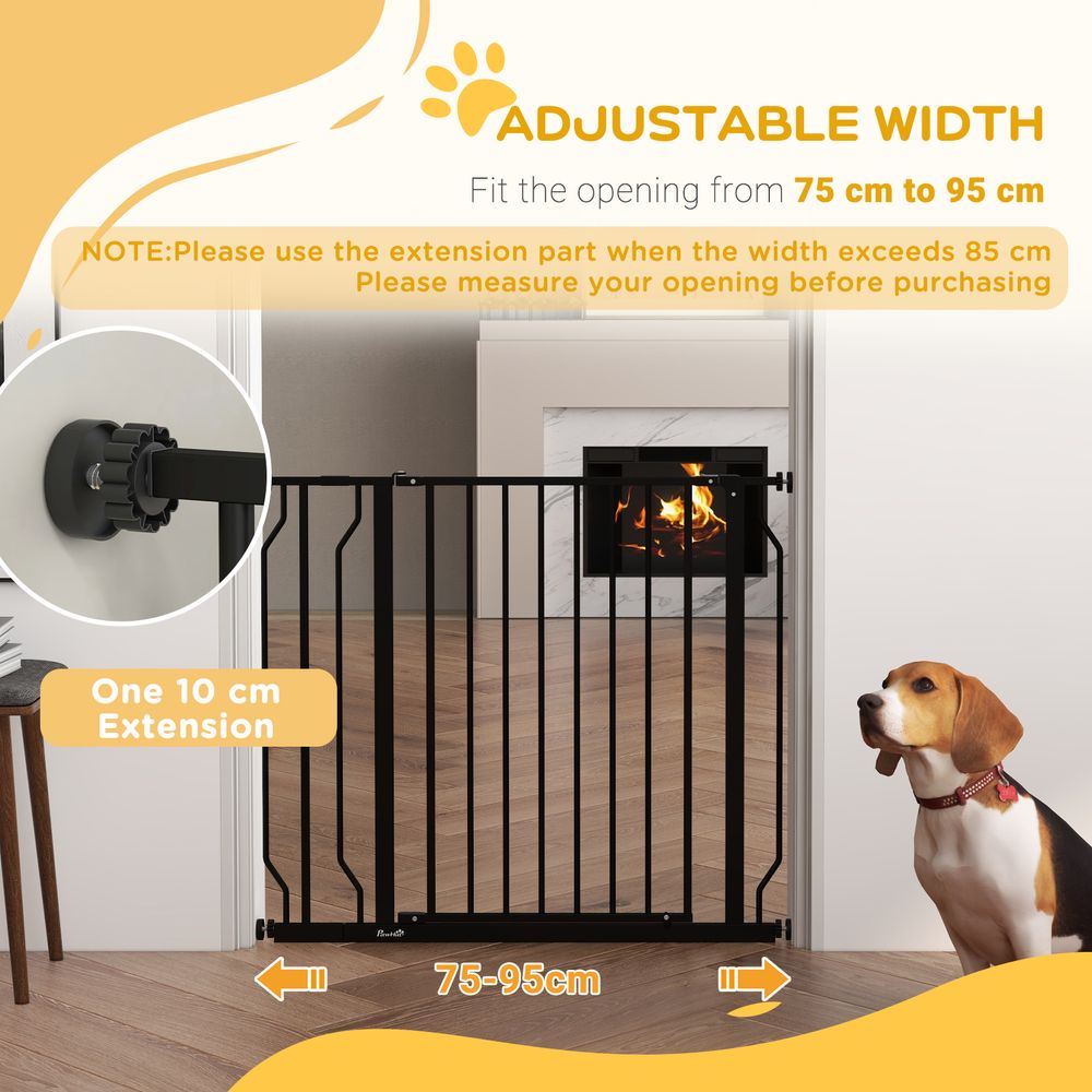 PawHut wide dog stair gate with door pressure fit, 75-95W cm - Black