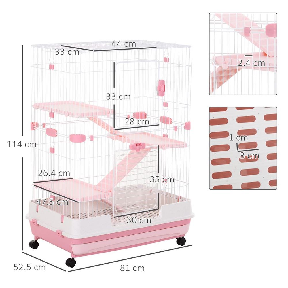 PawHut  pink four-level hamster, small animal cage, indoor pet house - Pink, 81 x 52.5 x 114 cm