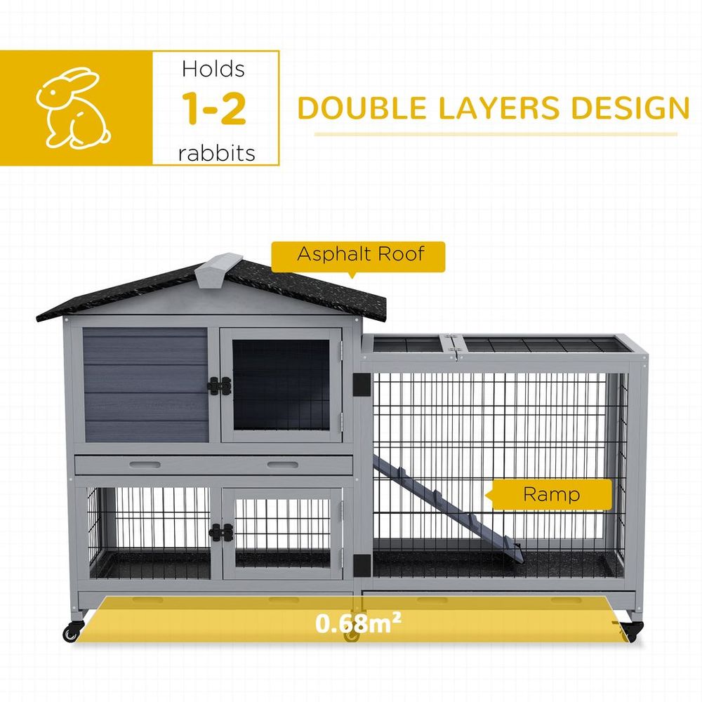 PawHut large rabbit hutch outdoor indoor with wheels, three slide-out trays and ramp