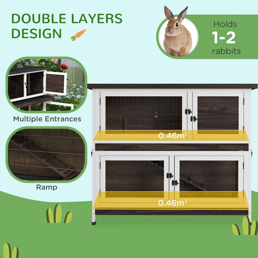 PawHut  2 tiers rabbit hutch with sliding trays, ramp, openable asphalt roof