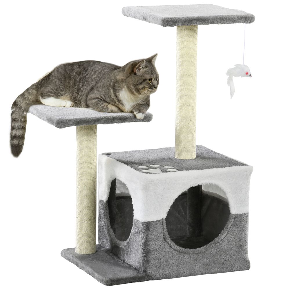 PawHut cat tree with sisal scratching posts, house, perches and toy mouse - Grey
