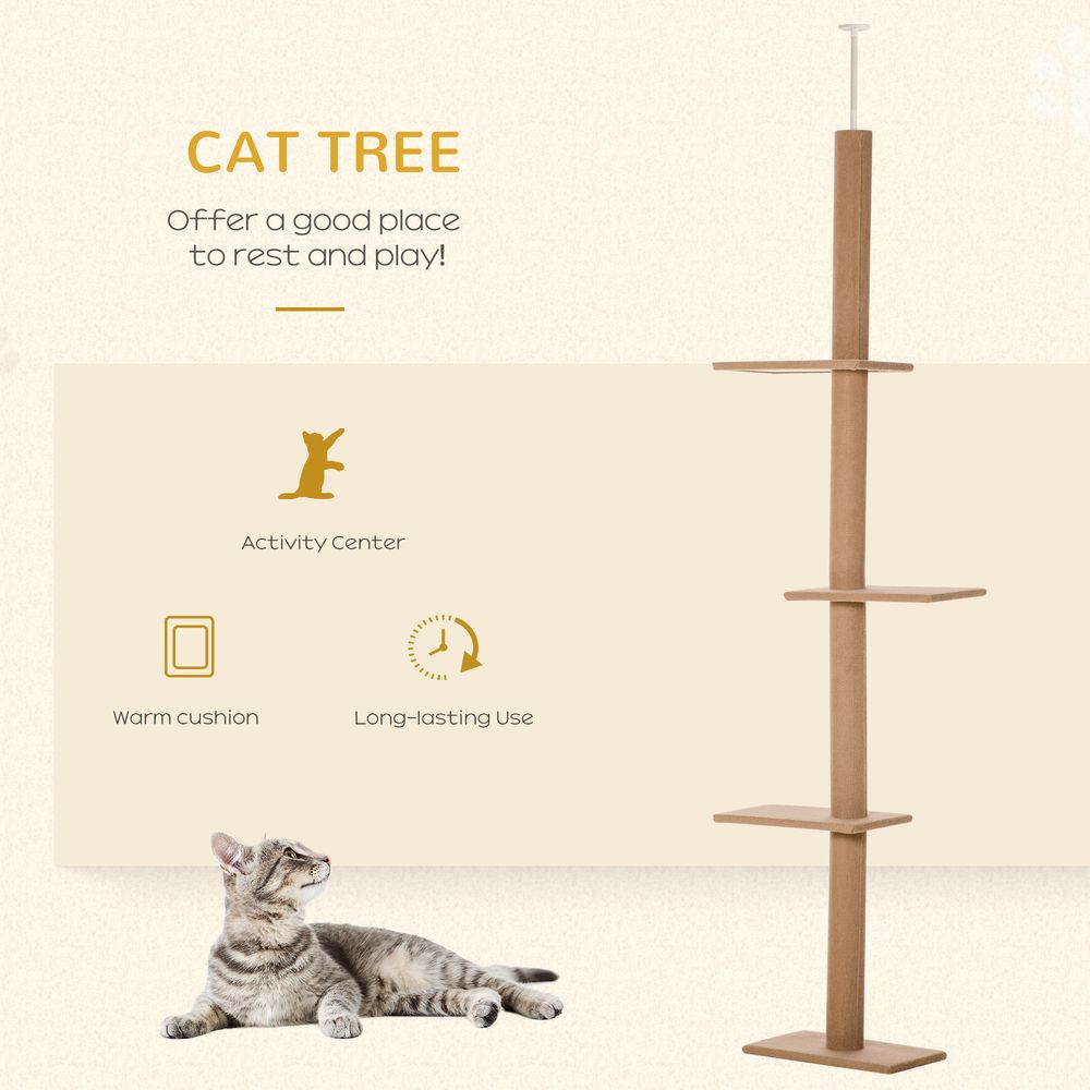 260cm Floor To ceiling cat tree for indoor cats with adjustable height - Brown