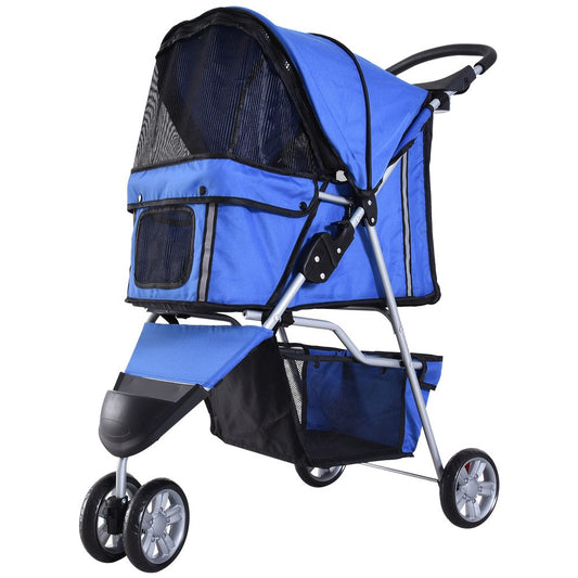 Pawhut pet stroller pushchair carrier for cat puppy with 3 wheels blue