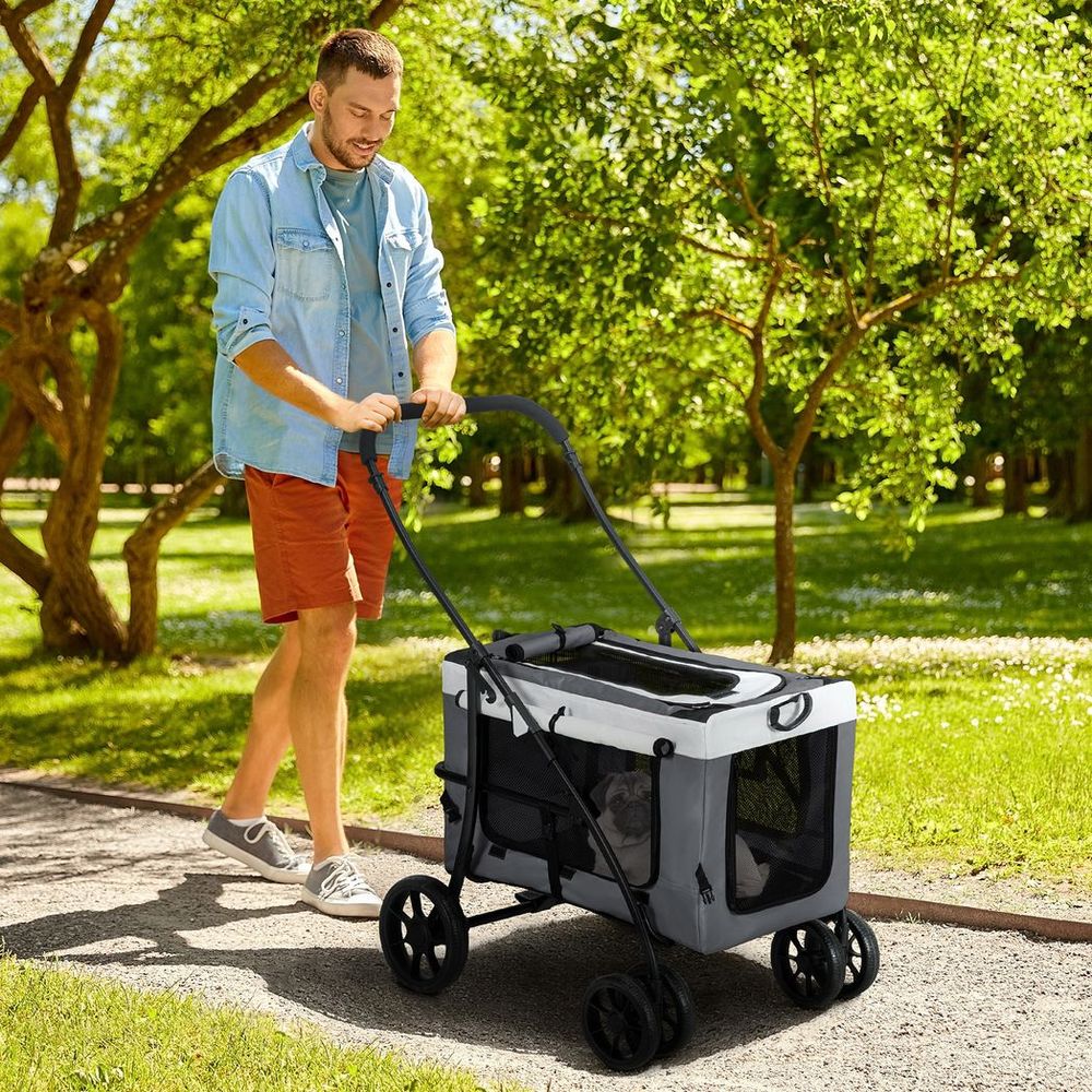 PawHut foldable pet stroller with detachable carrier, soft padding - Grey