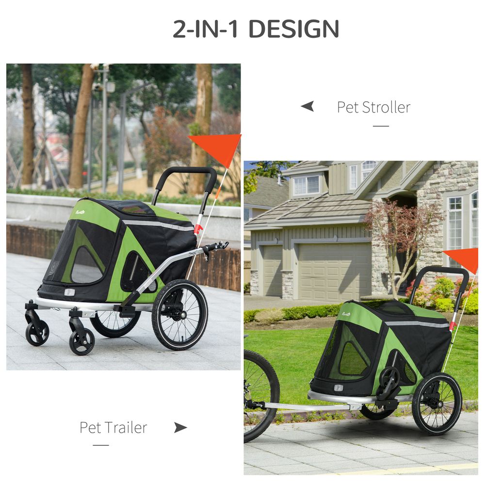 PawHut 2 in 1 dog bike trailer, foldable dog stroller for medium dogs - Green