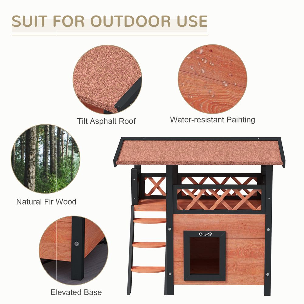 PawHut Outdoor cat house with balcony, stairs, roof - Brown