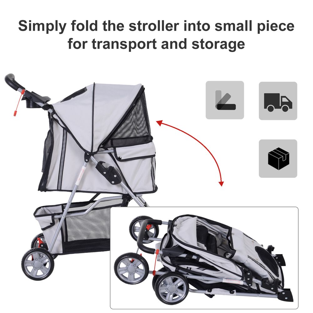 Pet dog cat stroller with basket, zipper entry, folding, cup-holder, carrier - Grey