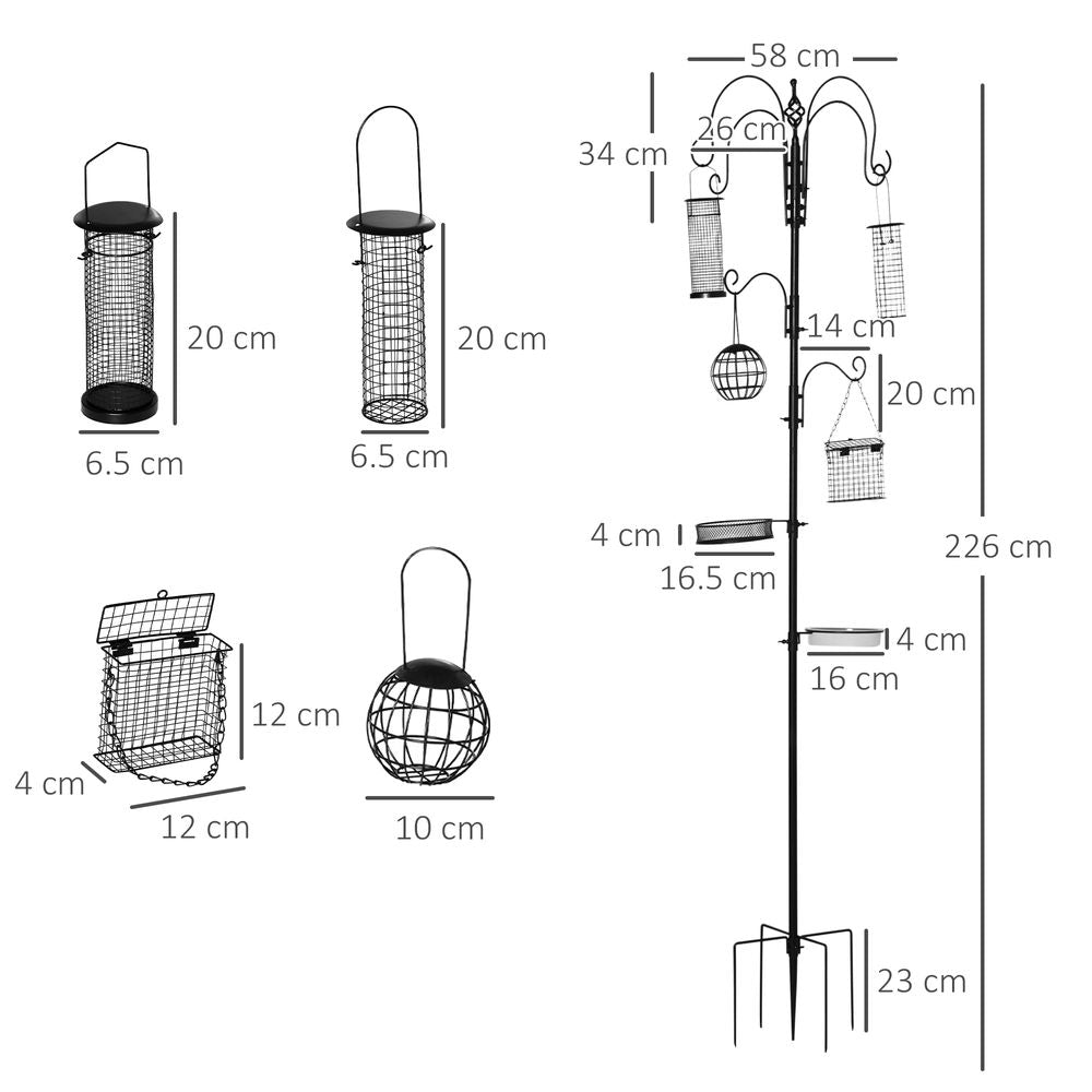 PawHut wild bird feeding station kit, feeder with pole and 6 hooks with 4 hanging feeders