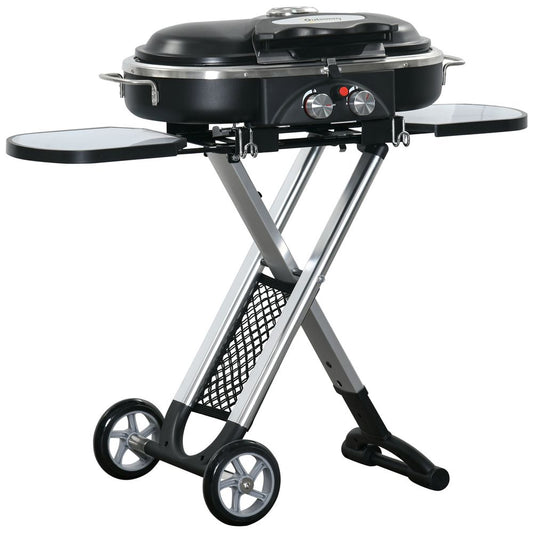 Foldable 2 Burner Gas BBQ Grill Trolley w/ Side Shelves Storage Pocket