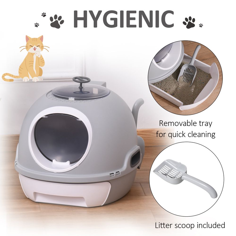 Pet cat litter box toilet with litter scoop, enclosed drawer, skylight - Grey