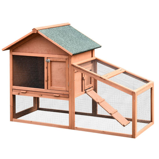 PawHut 2 Tier wooden rabbit hutch with water resistant asphalt roof and ramp - 144 x 64.5 x 100 cm