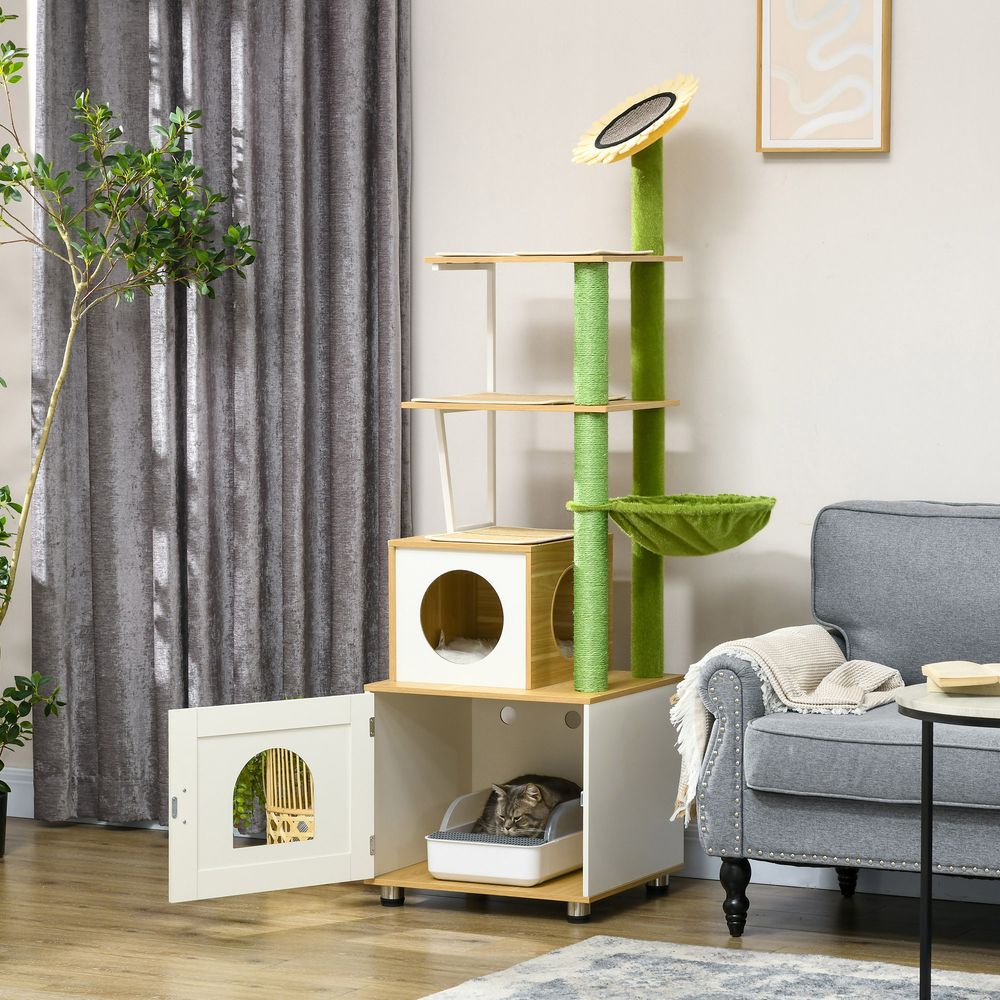 PawHut Cat tree with litter box, scratching post, house, hammock - Oak tone