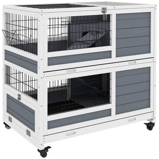 PawHut  double deckers indoor rabbit hutch with feeding trough, slide-out trays