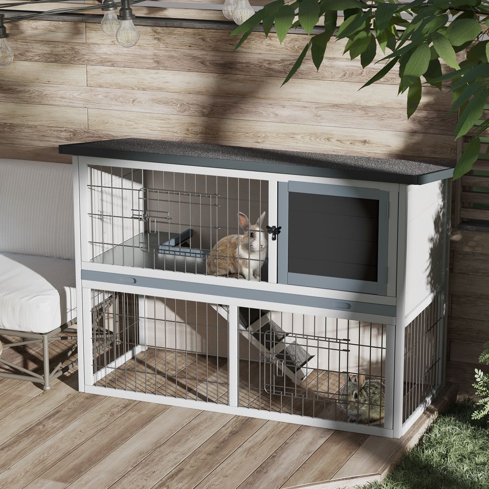 PawHut rabbit hutch and run with removable tray - easy access openable top for indoors & outdoors - Grey