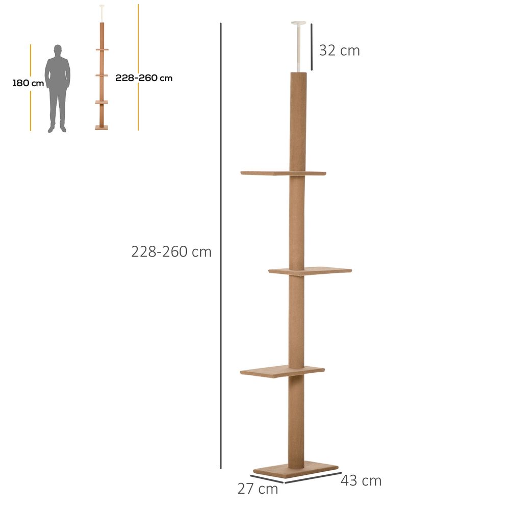 260cm Floor To ceiling cat tree for indoor cats with adjustable height - Brown