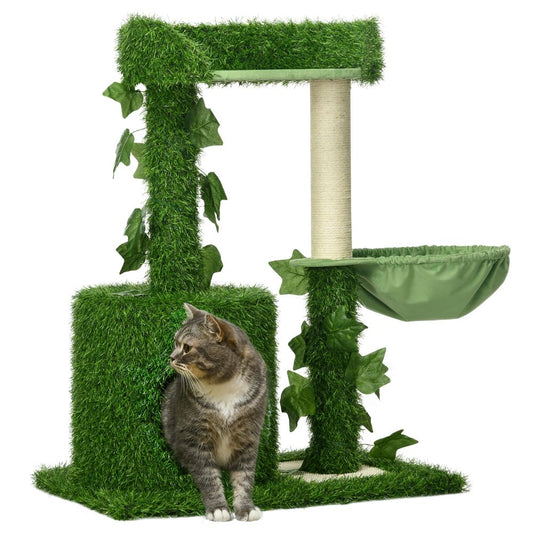 PawHut 77cm Cat tree for indoor cats with green leaves, scratching posts, snug, house