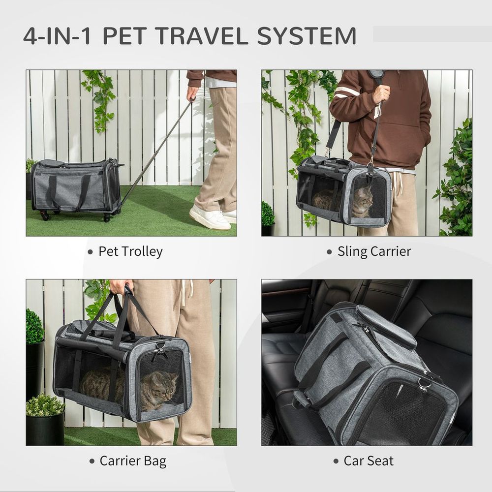 PawHut 4 in 1 Pet trolley, sling carry bag, car seat on wheels for cats and extra small dogs with telescopic handle - grey