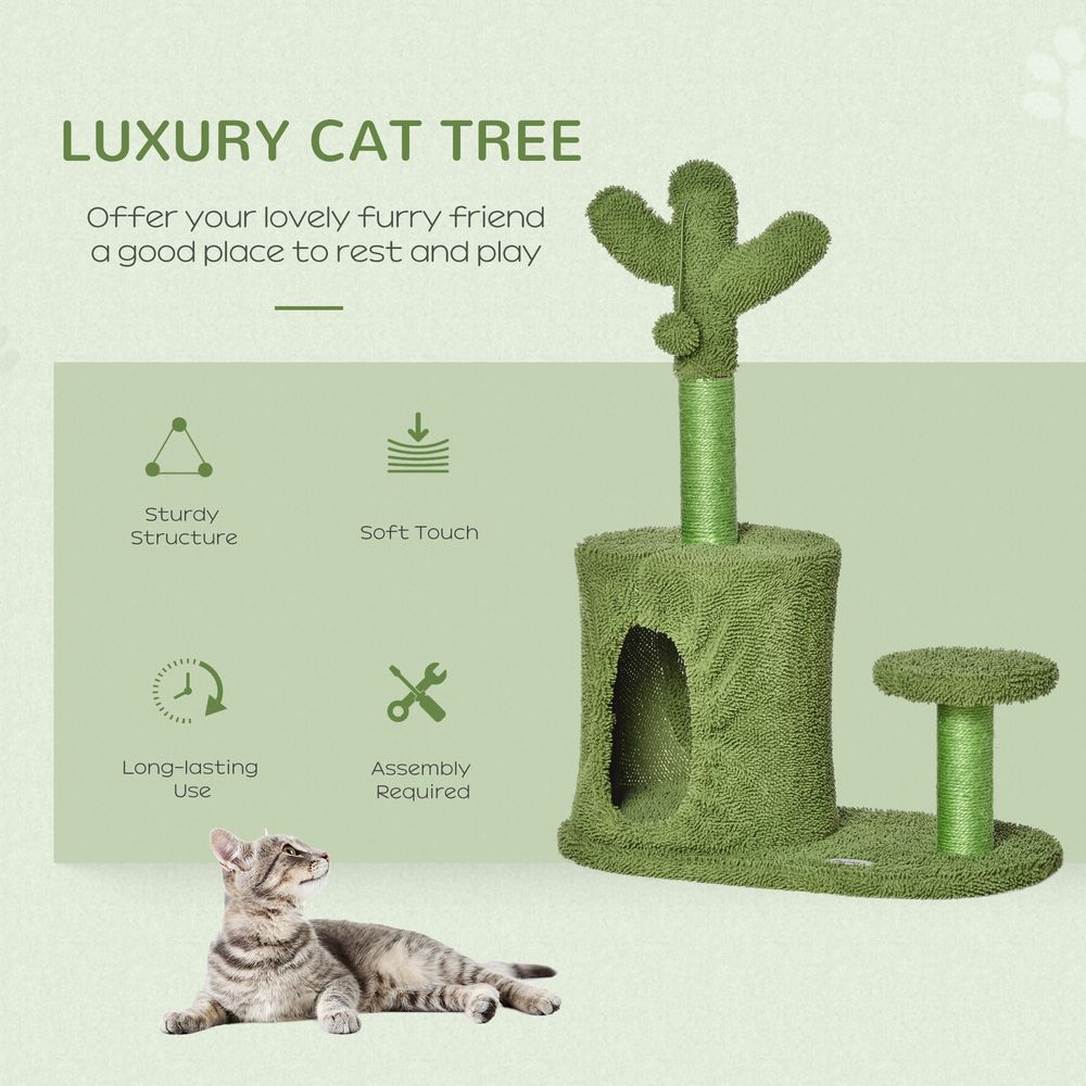 Cat Tree Tower Cactus Shape w/ Scratching Post Condo Perch Toy Ball - Green