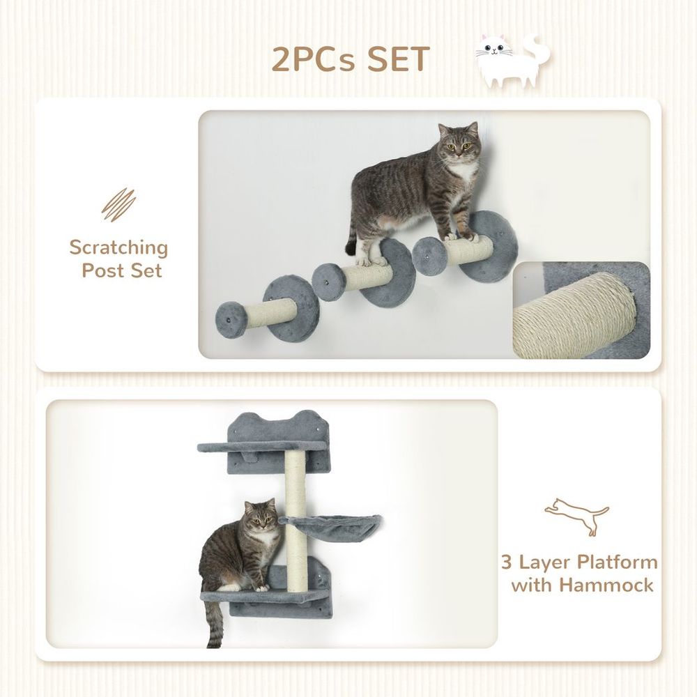 Cat Shelf with scratching post, wall-mounted tree for indoor cat - Grey