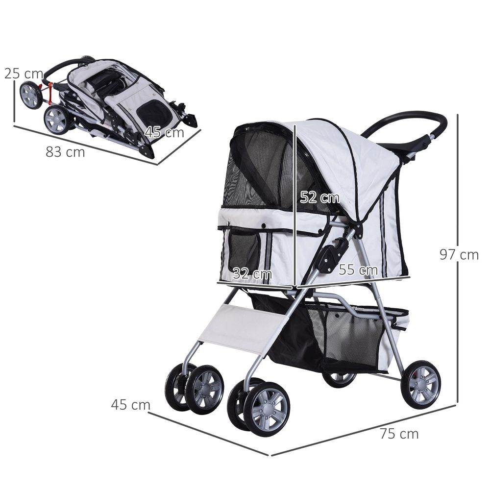 Pet dog cat stroller with basket, zipper entry, folding, cup-holder, carrier - Grey