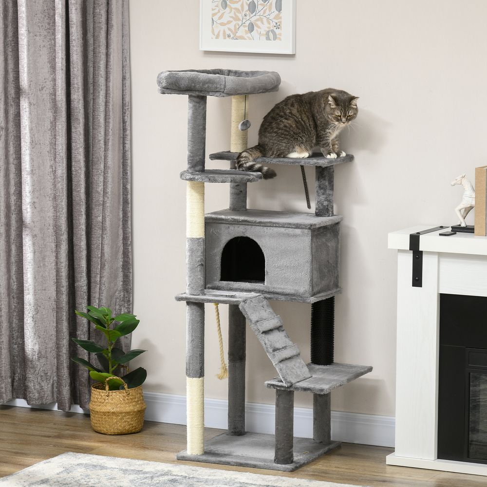 PawHut - Cat tree tower for indoor cats with scratching post, house, toy - Grey