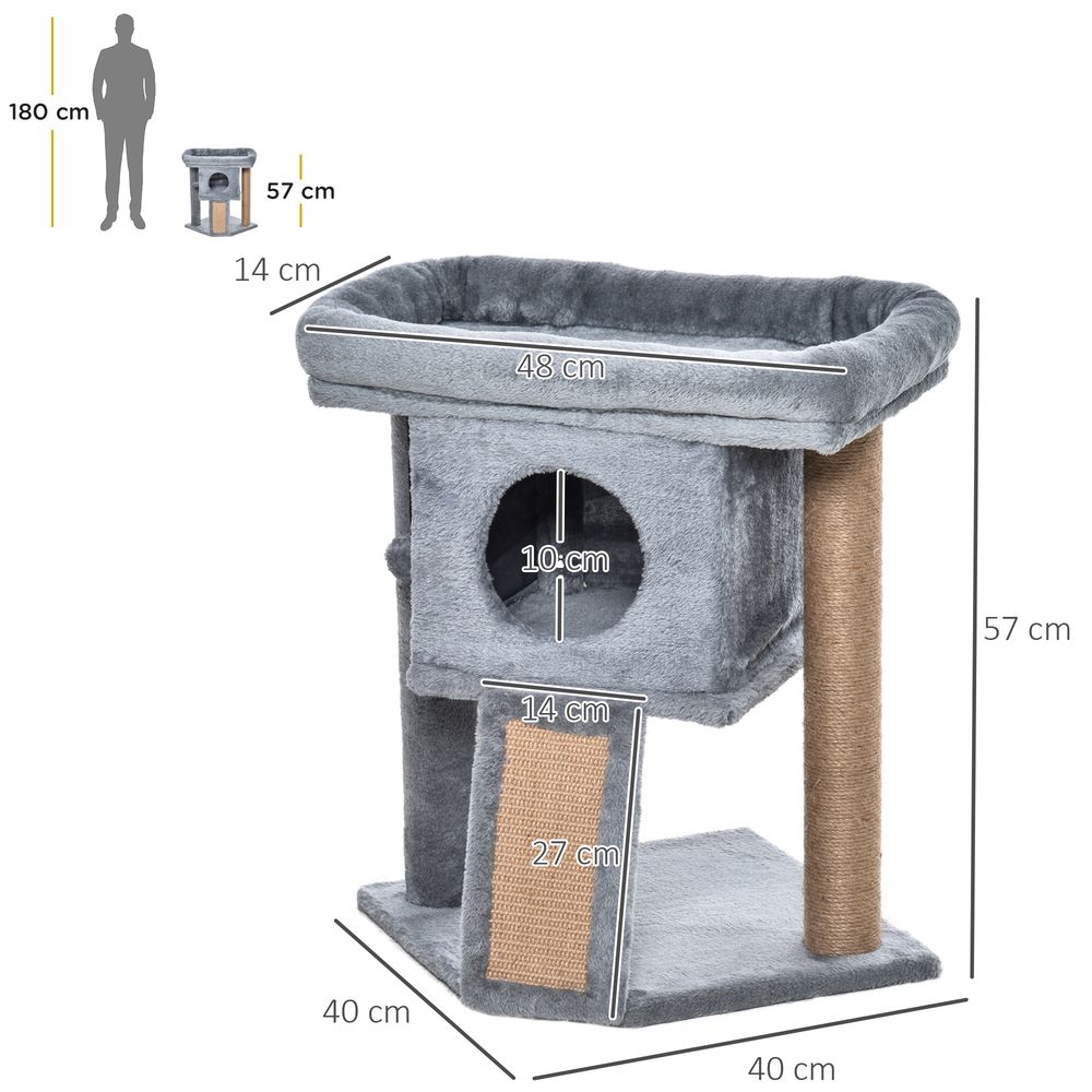 PawHut - Cat tree activity centre with scratching pad, toy ball, cat house - Grey