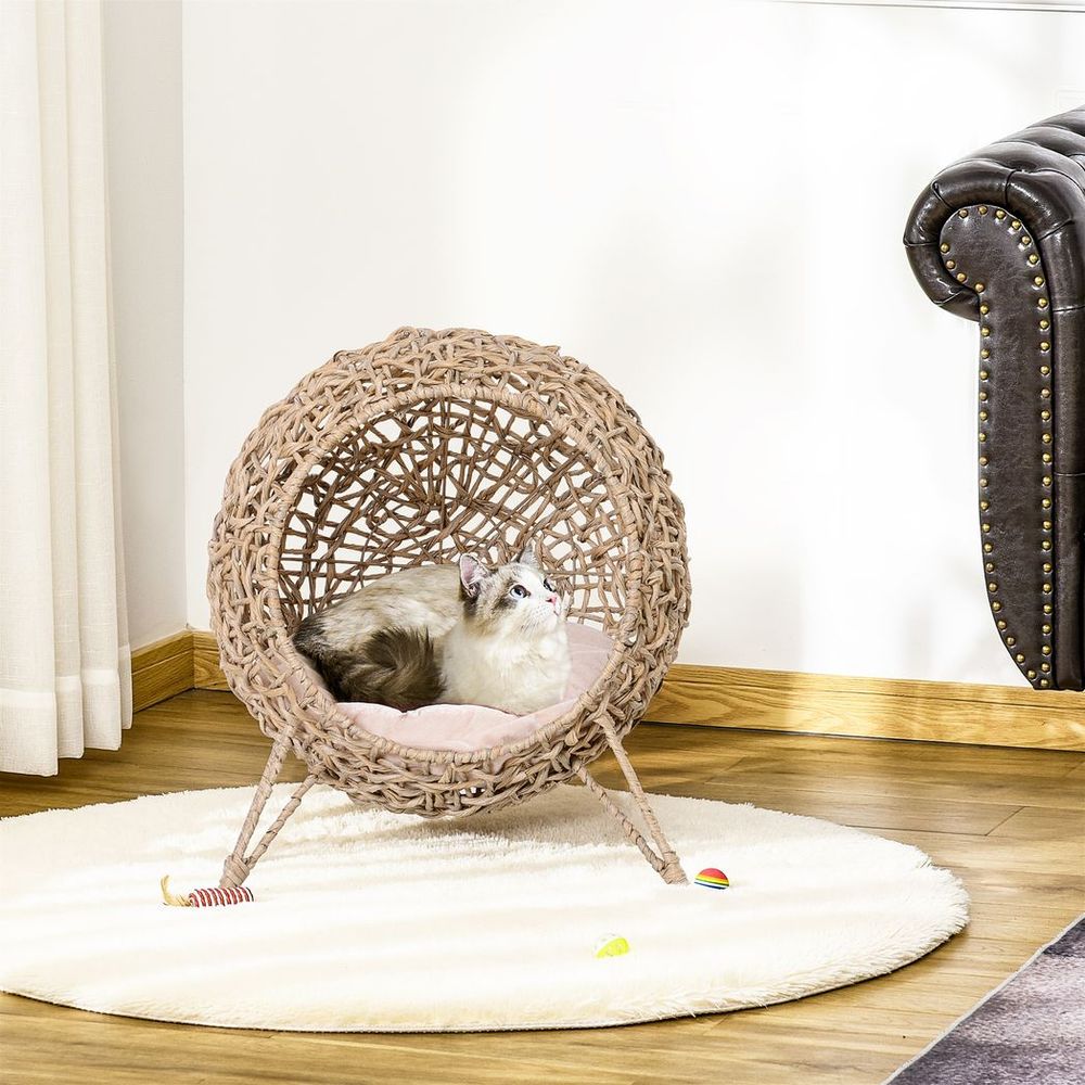 Wicker Cat ball-shaped rattan house, raised cat bed - Natural Wood Finish