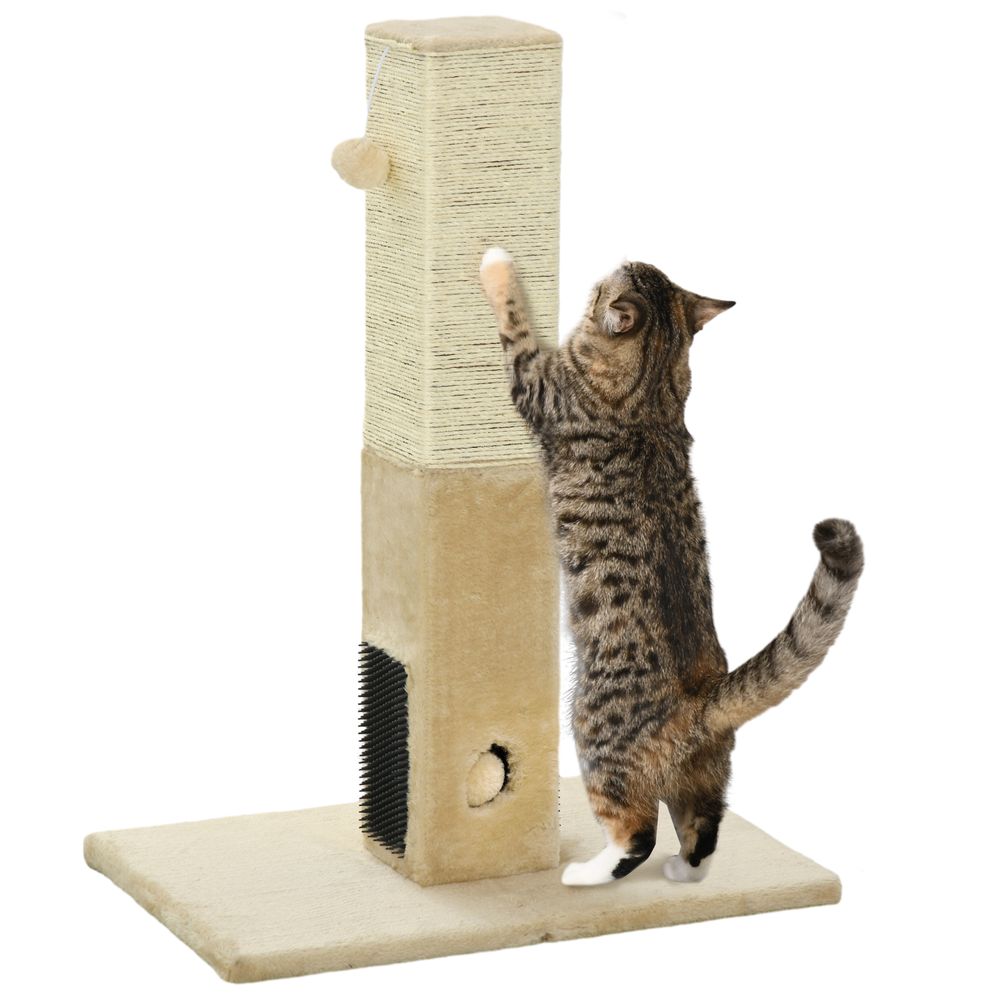 PawHut Cat scratching post scratcher climber with carpet base and hanging toy - Beige