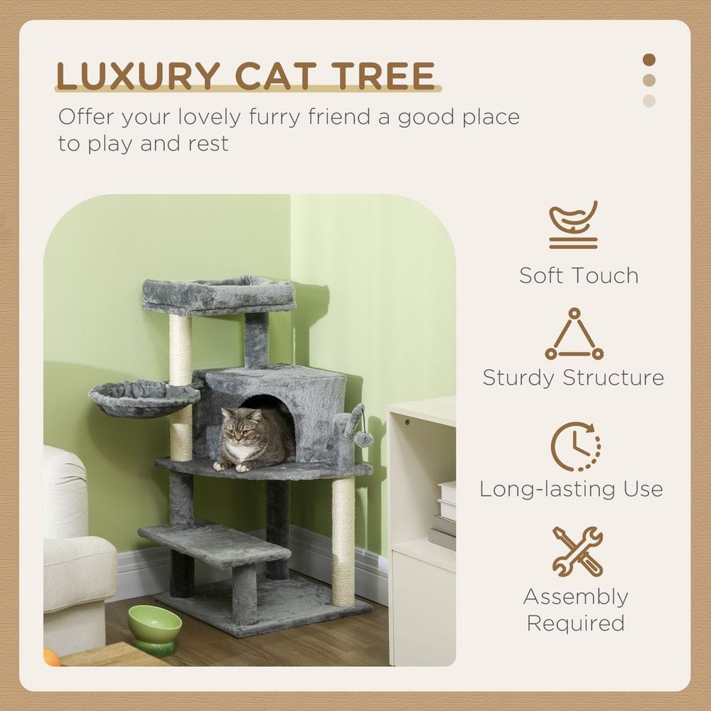 PawHut cat tree tower climbing activity centre with sisal scratching post - Grey