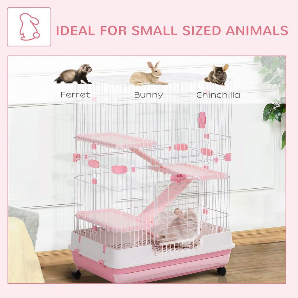 PawHut  pink four-level hamster, small animal cage, indoor pet house - Pink, 81 x 52.5 x 114 cm