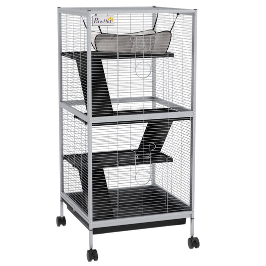 PawHut rolling small animal cage for chinchillas, ferrets, kittens with ramp - Grey