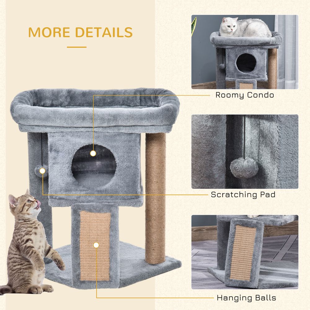 PawHut - Cat tree activity centre with scratching pad, toy ball, cat house - Grey