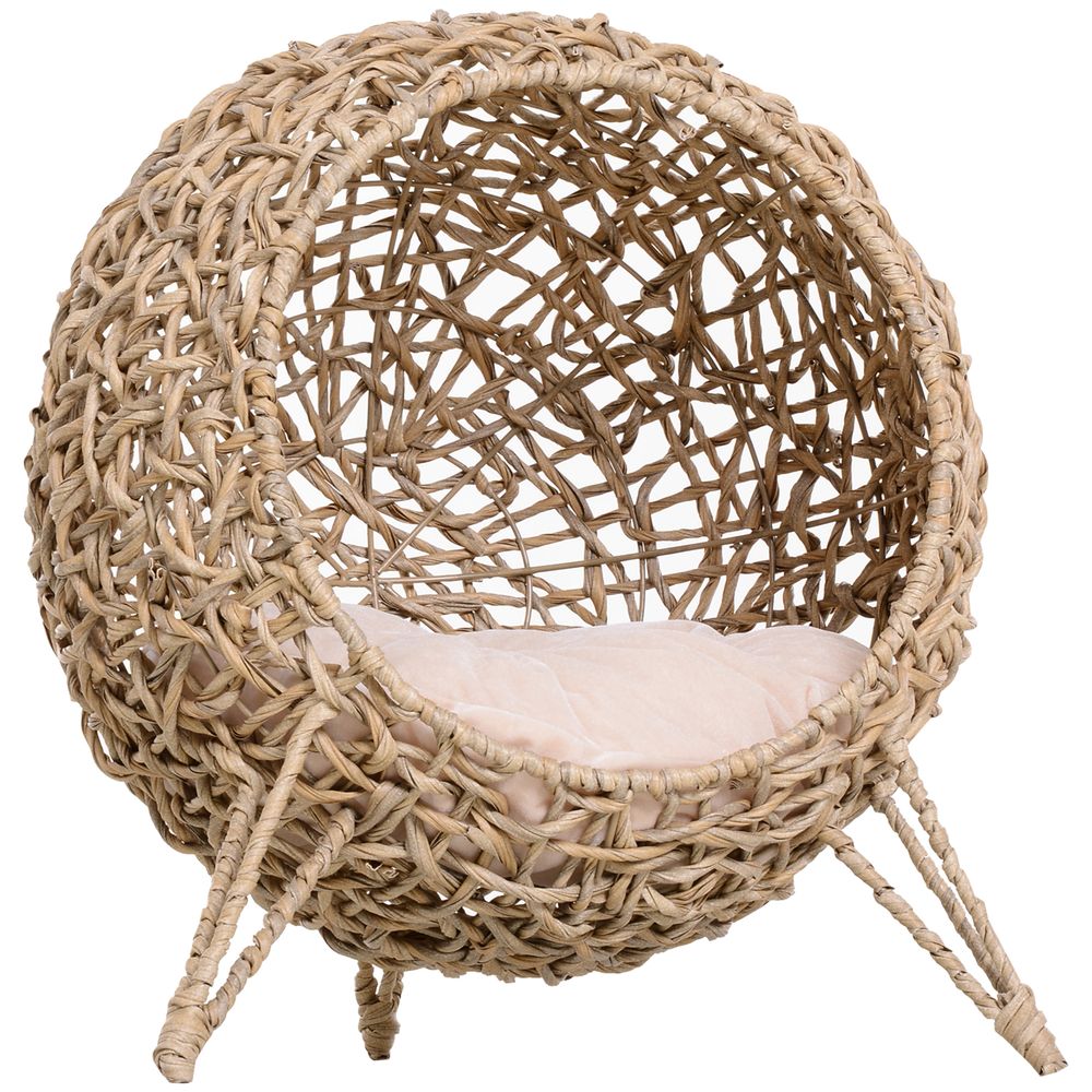 Wicker Cat ball-shaped rattan house, raised cat bed - Natural Wood Finish