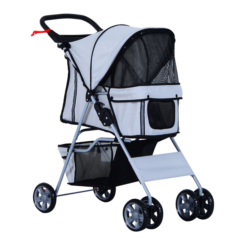 Pet dog cat stroller with basket, zipper entry, folding, cup-holder, carrier - Grey