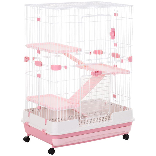 PawHut  pink four-level hamster, small animal cage, indoor pet house - Pink, 81 x 52.5 x 114 cm