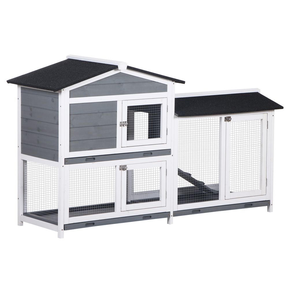 PawHut 2-Tier wooden hutch for pet rabbit, guinea pig, outdoor house, cage outdoor with tray and ramp
