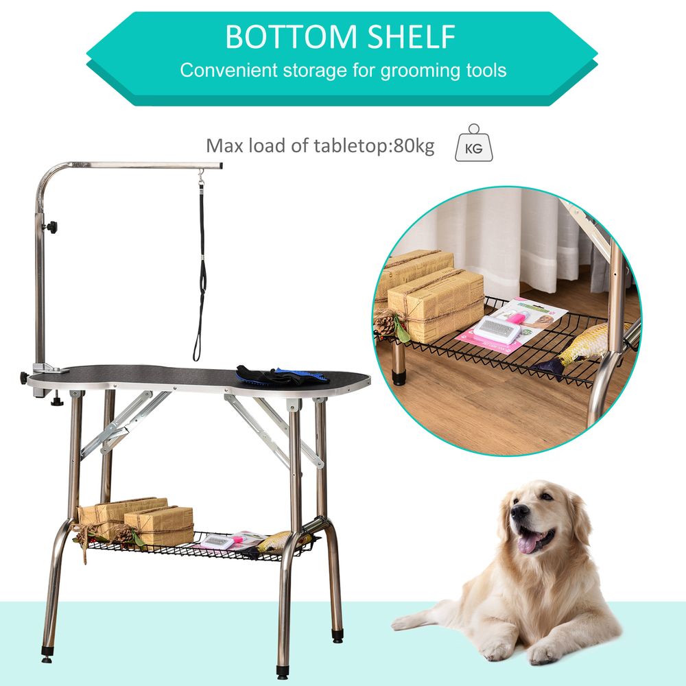 PawHut pet foldable grooming table with adjustable arm non-slip rubber tabletop leash