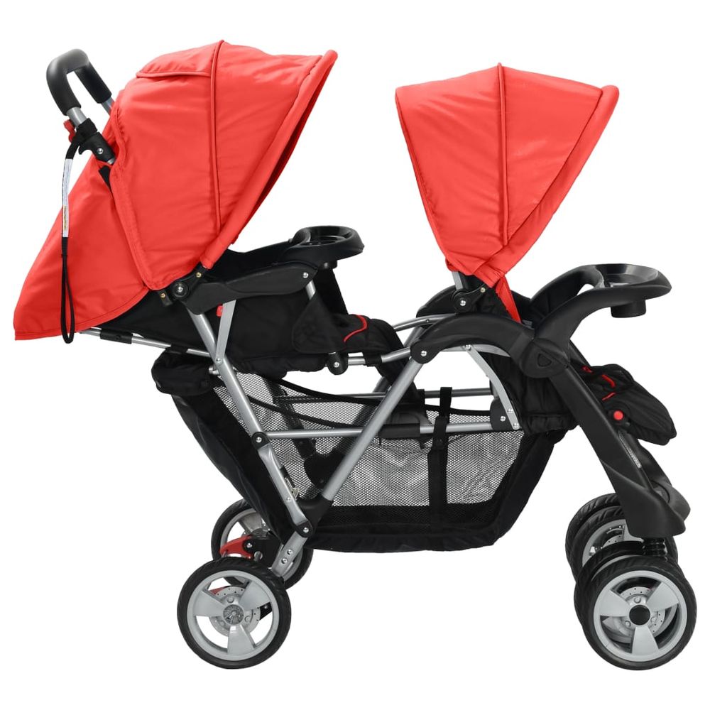 vidaXL Tandem Stroller Steel Red and Black