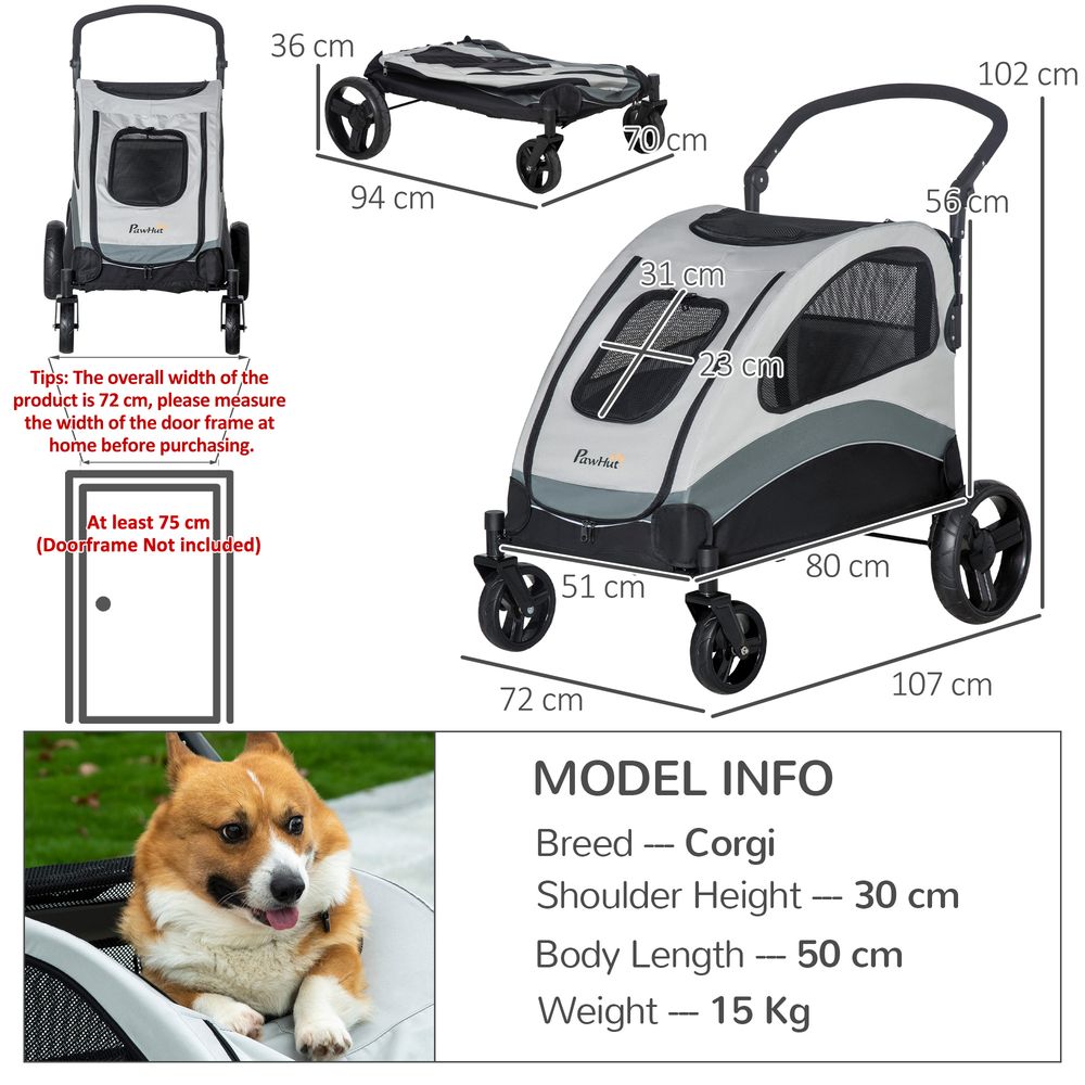 Pawhut pet stroller pushchair buggy pram for cats or medium Dogs with 4 wheels and safety leash - grey