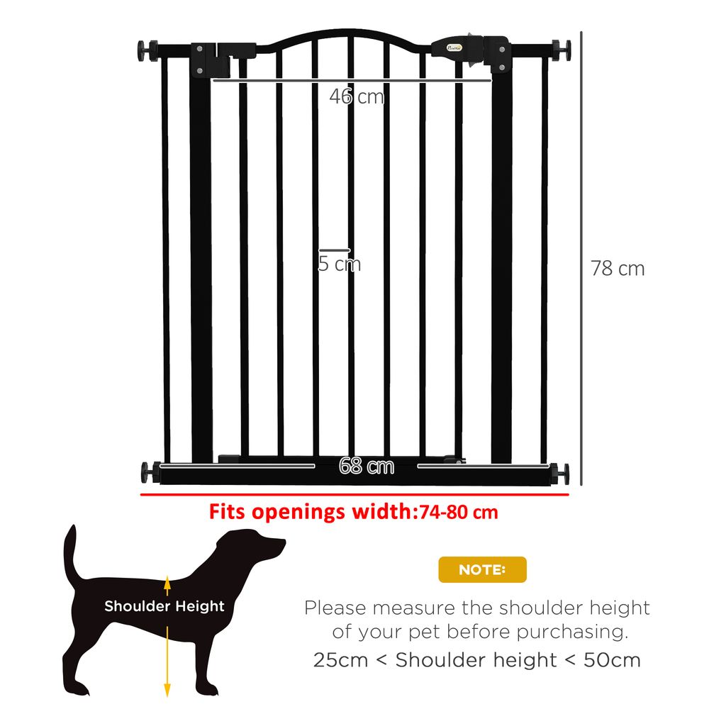 PawHut 74-80cm adjustable metal pet gate safety barrier with auto-close - Black