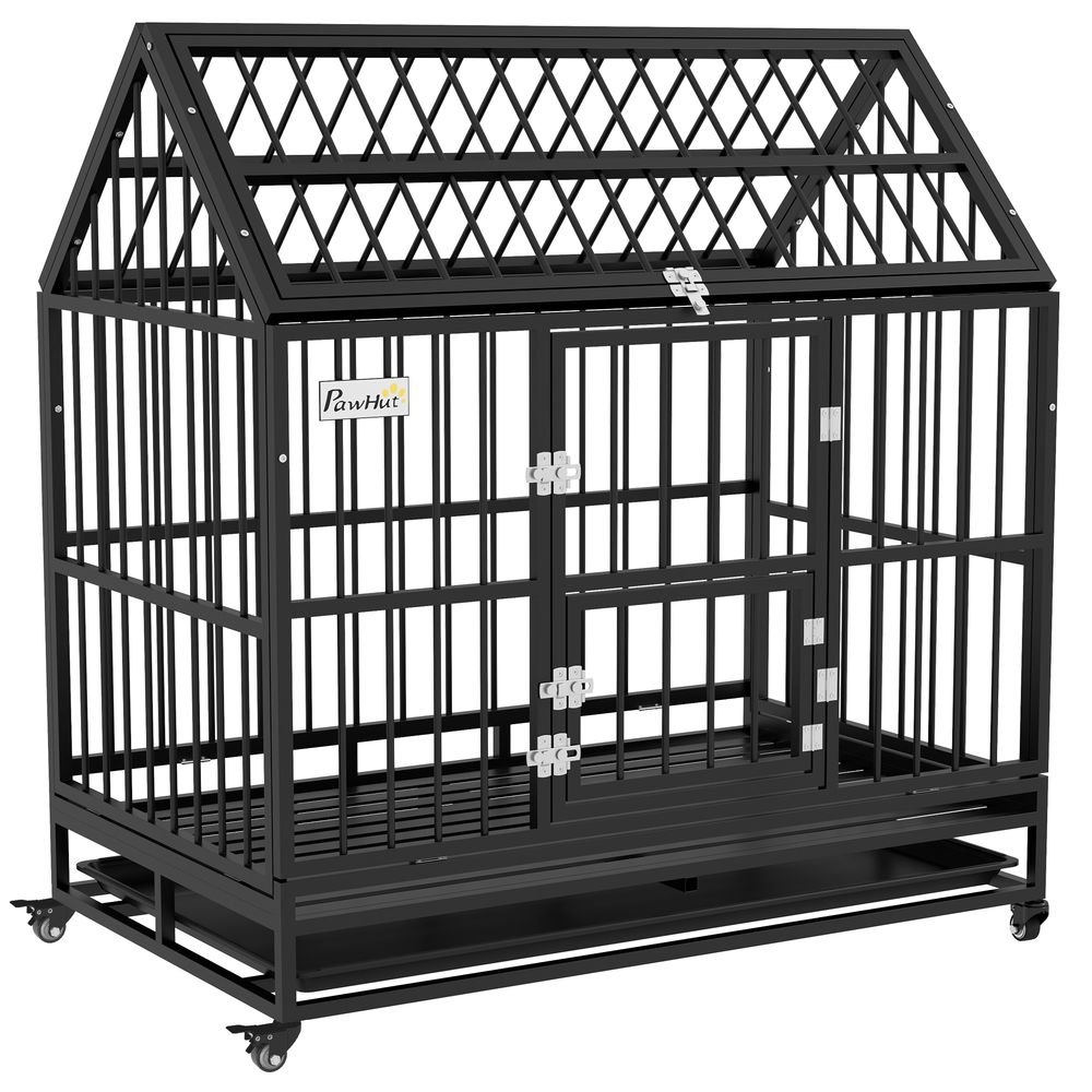 PawHut 48" heavy duty dog crate on wheels with removable tray, openable top
