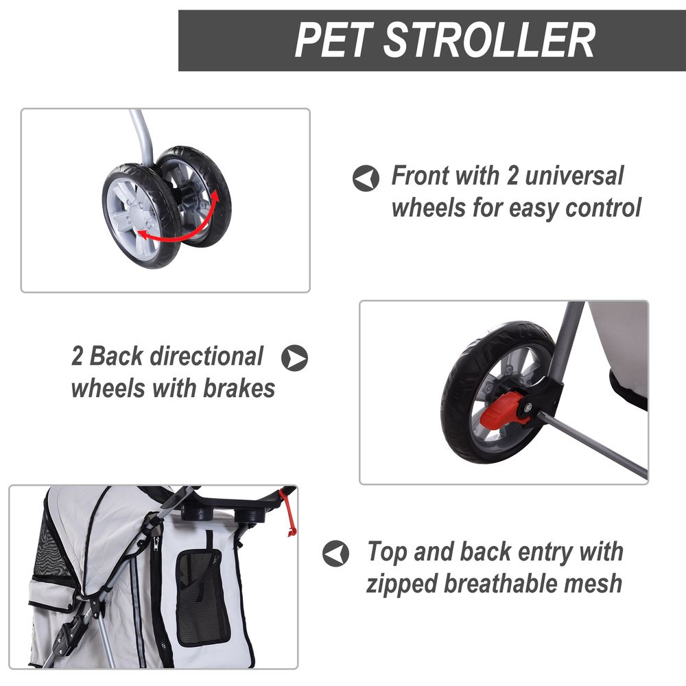 Pet dog cat stroller with basket, zipper entry, folding, cup-holder, carrier - Grey