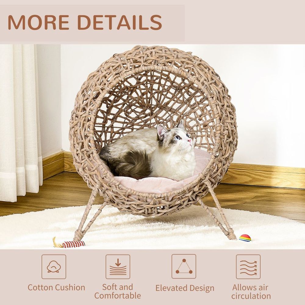 Wicker Cat ball-shaped rattan house, raised cat bed - Natural Wood Finish