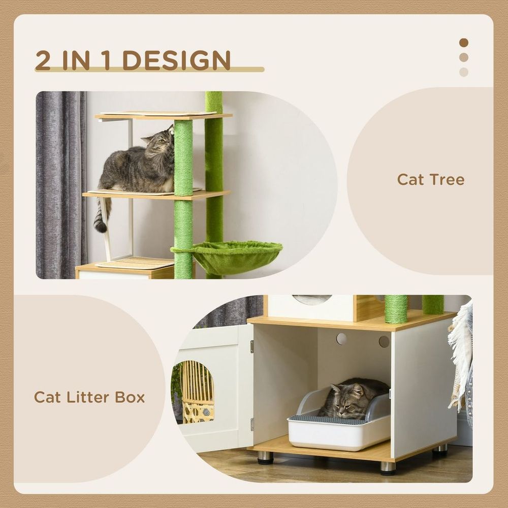 PawHut Cat tree with litter box, scratching post, house, hammock - Oak tone