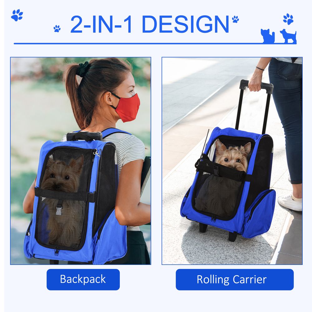 2-in-1 Pet travel backpack bag or trolley for cat puppy dog carrier with trolley and telescopic handle and wheels