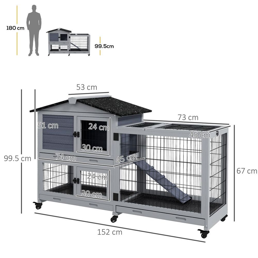 PawHut large rabbit hutch outdoor indoor with wheels, three slide-out trays and ramp