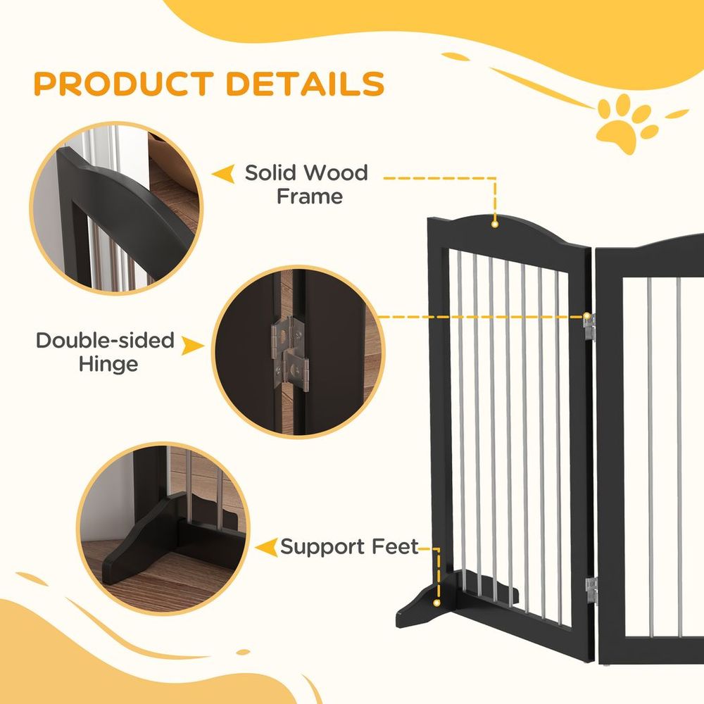 PawHut foldable dog gate, freestanding pet gate with two support feet - Black