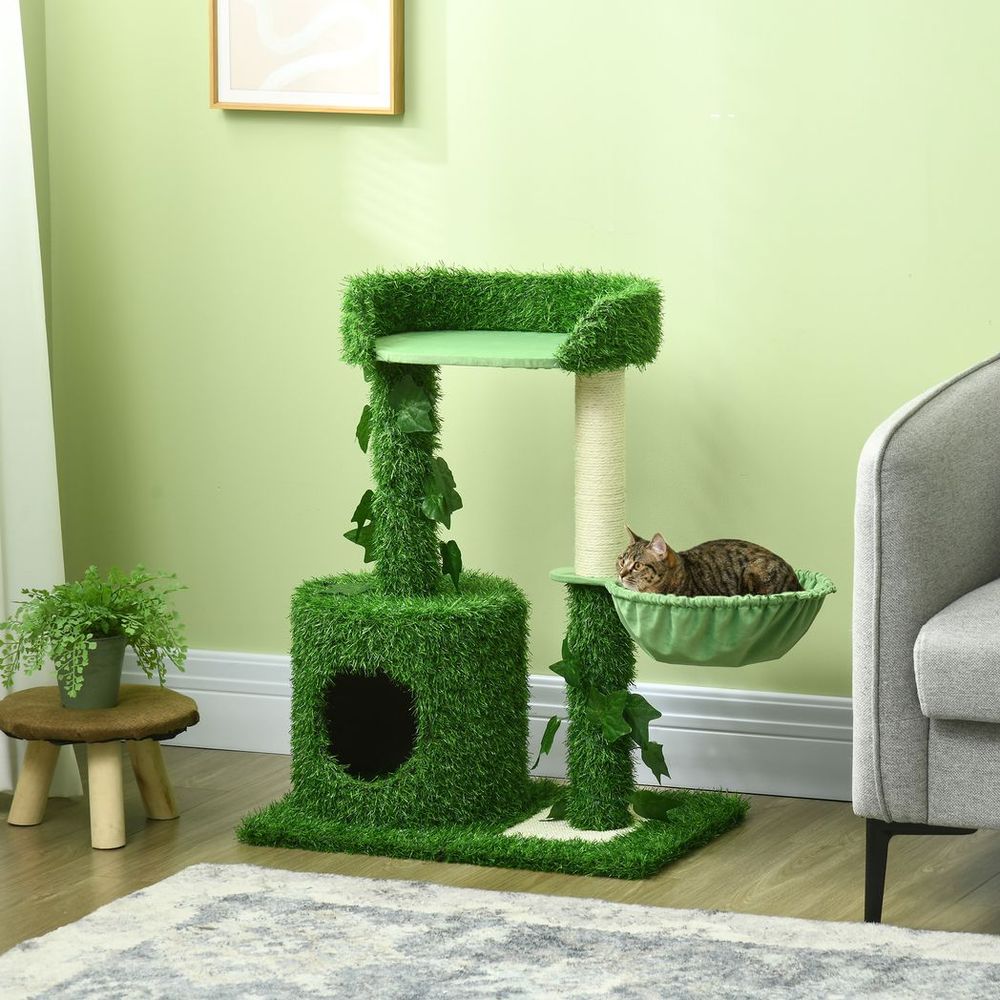 PawHut 77cm Cat tree for indoor cats with green leaves, scratching posts, snug, house